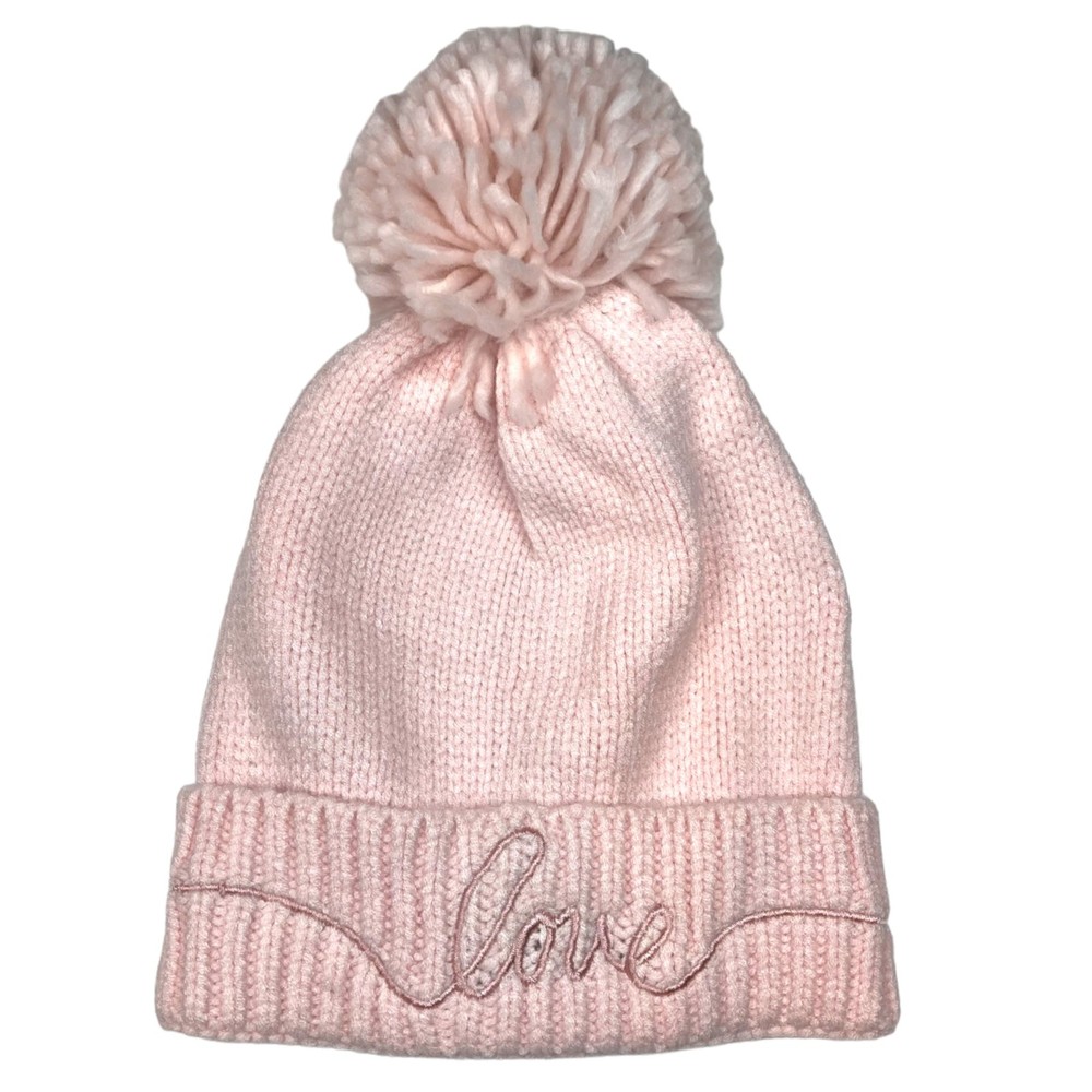 Jenni Pink Love Embroidered Pom Pom Beanie Winter Hat Size OS Outerwear
